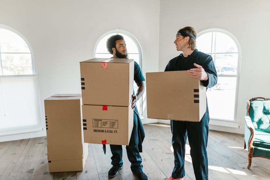 Two movers from Man with Van Heston engaged in home relocation inside a well-lit room with large, arched windows allowing natural light to fill the space. The movers are carrying medium-sized cardboard boxes, with one standing on the wooden floor and the other preparing to lift a box, both dressed in dark uniforms. The first mover, with a beard and afro hairstyle, is holding a box with both hands, while the second mover, wearing a headband, is gesturing as he discusses the moving process. In the background, additional cardboard boxes are stacked on the floor, ready for transportation. The room features minimal furniture, including a vintage green armchair positioned beside one of the windows, and has a clean, uncluttered appearance suitable for packing and loading during a house removal. This interior scene captures the logistical steps involved in furniture transport, packing, and loading for a smooth house move, with visible tools and materials supporting a professional moving service.